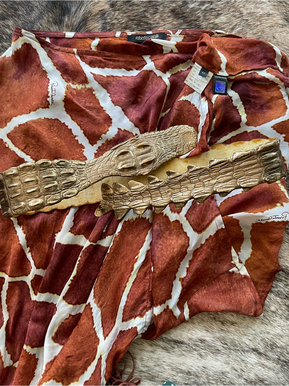 Roberto Cavalli S/S 2006 Vintage One Shoulder Giraffe Dress & Metallic Croc Belt - Picture 13 of 14